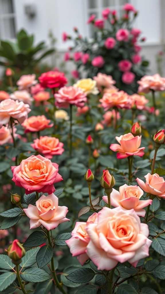 A vibrant garden filled with pink, peach, and yellow roses, showcasing a variety of blooms and lush green foliage.