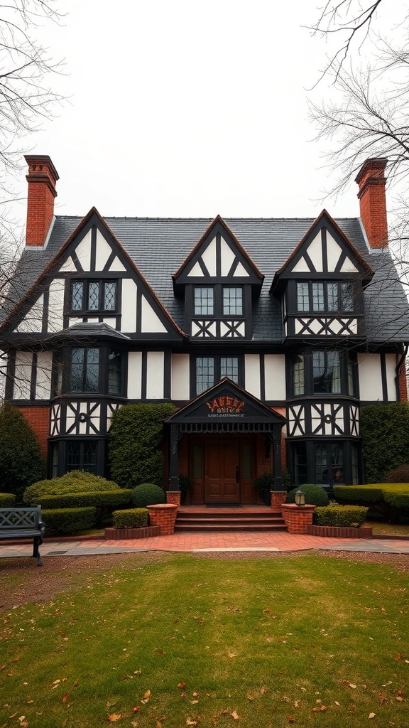 Grand Tudor Revival style home with steeply pitched roof and decorative half-timbering