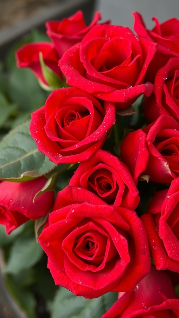 A bouquet of red roses with droplets of water on the petals.