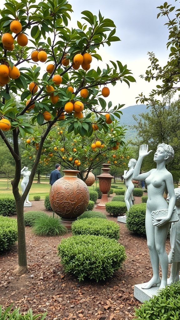 A fruit tree garden featuring orange trees and artistic sculptures, including elegant statues and decorative pots.
