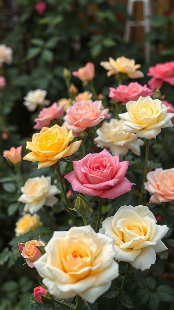 A vibrant display of pink and yellow roses in a garden setting.