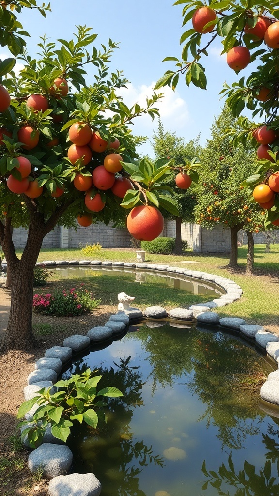A fruit tree garden featuring orange trees and a curved water feature with stones lining the edge.
