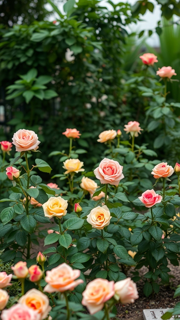 A beautiful rose garden featuring pink and peach roses surrounded by green foliage.