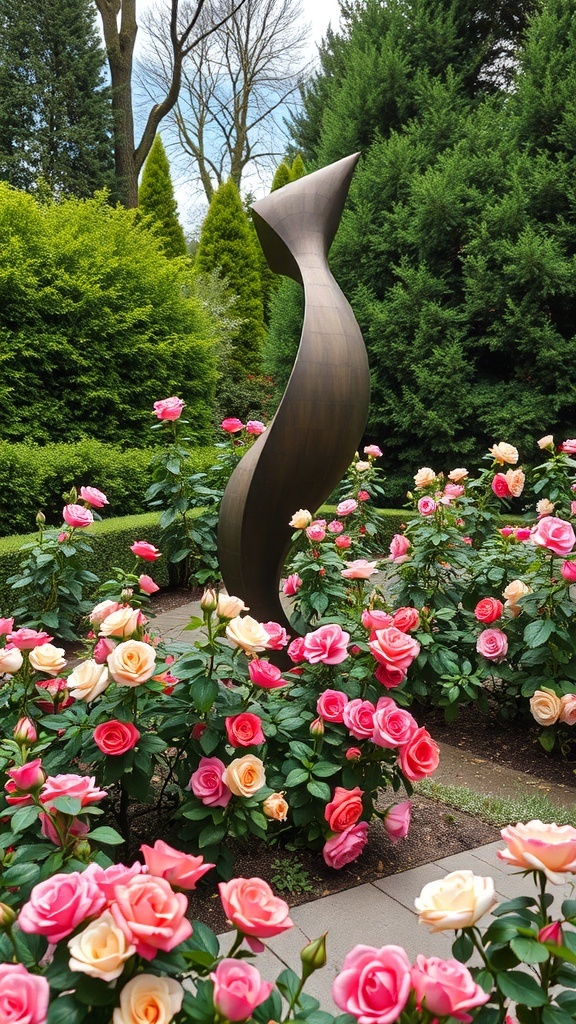 A vibrant rose garden with pink and peach roses surrounding a modern outdoor sculpture.