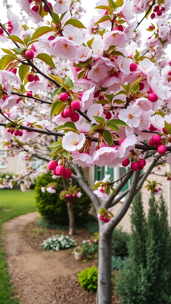 Cherry tree with pink blossoms and small cherries in a backyard setting