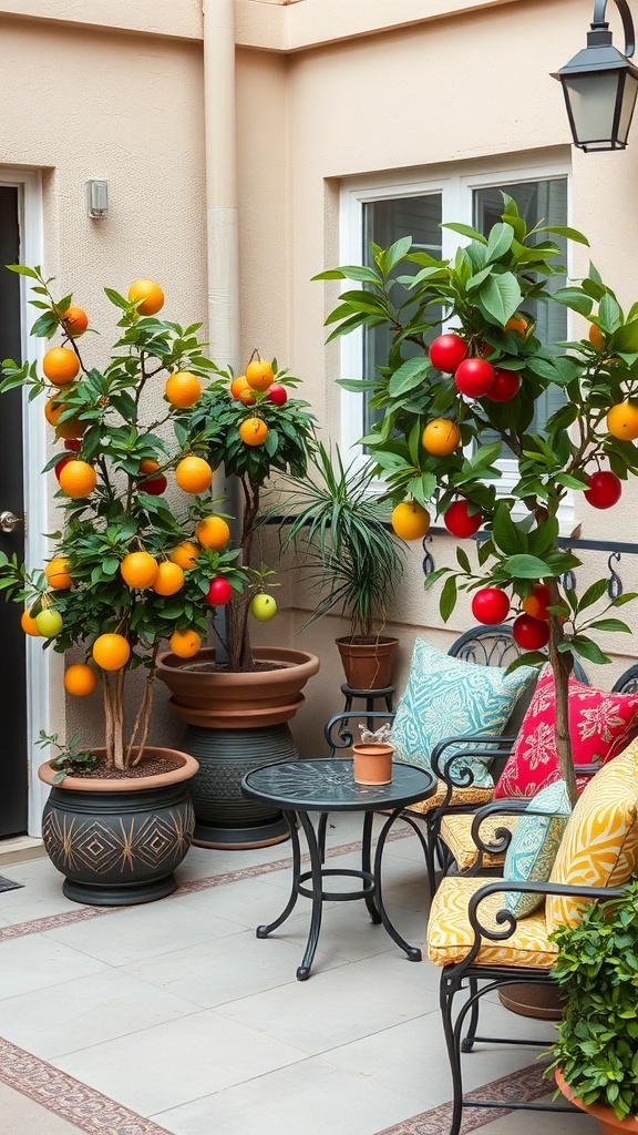 A cozy patio with colorful fruit trees in containers, featuring oranges and red fruits, surrounded by comfortable seating.