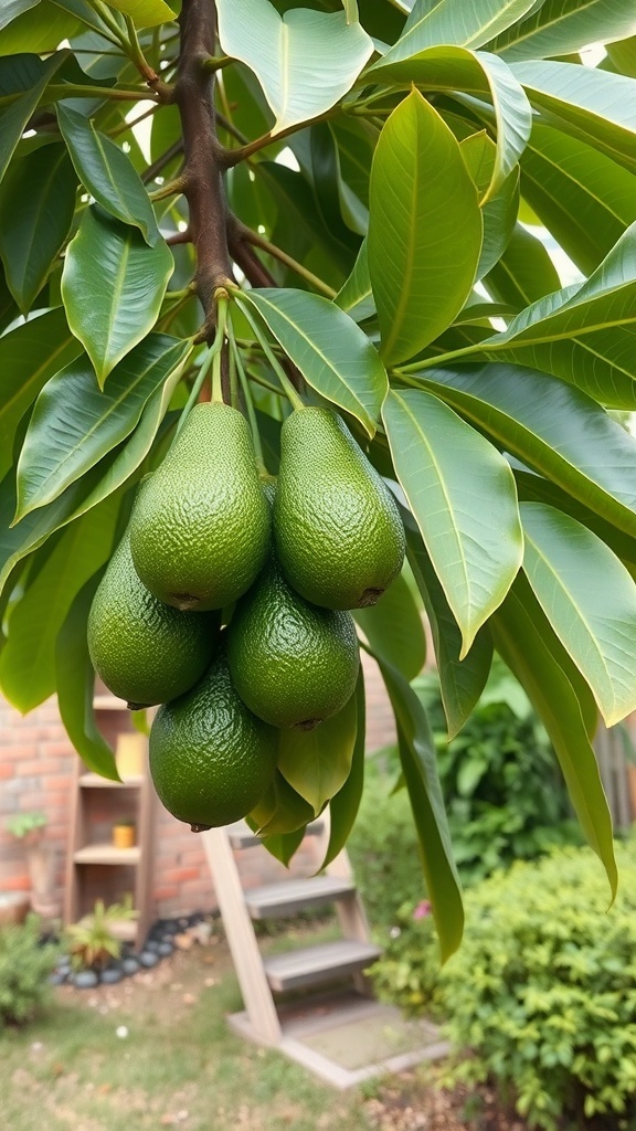 A close-up of avocados hanging from a tree branch with green leaves in the background.