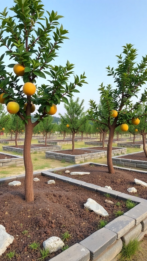 Tiered fruit tree beds with vibrant fruits and stone borders