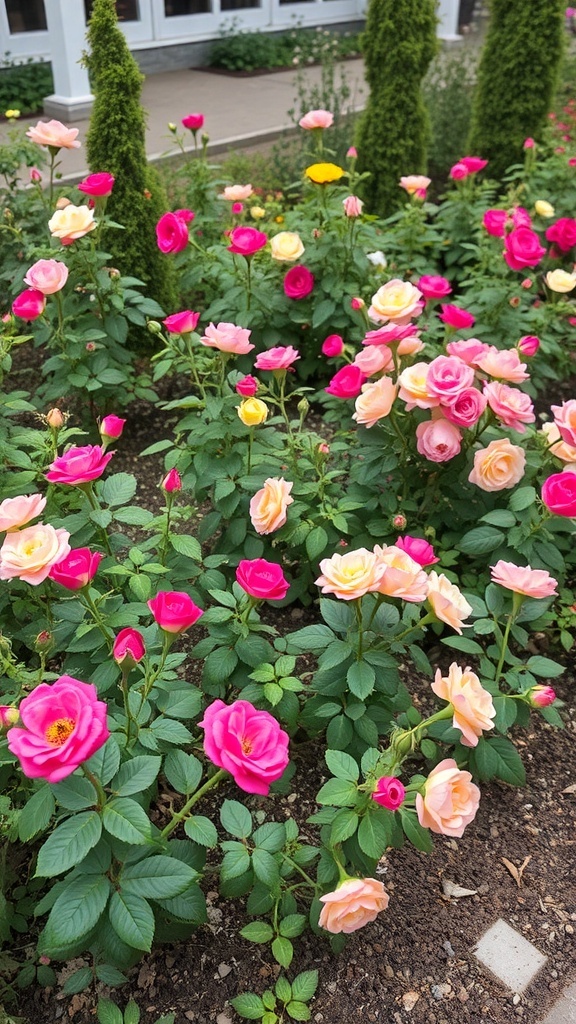 Colorful roses in a garden, showcasing various shades of pink and yellow.