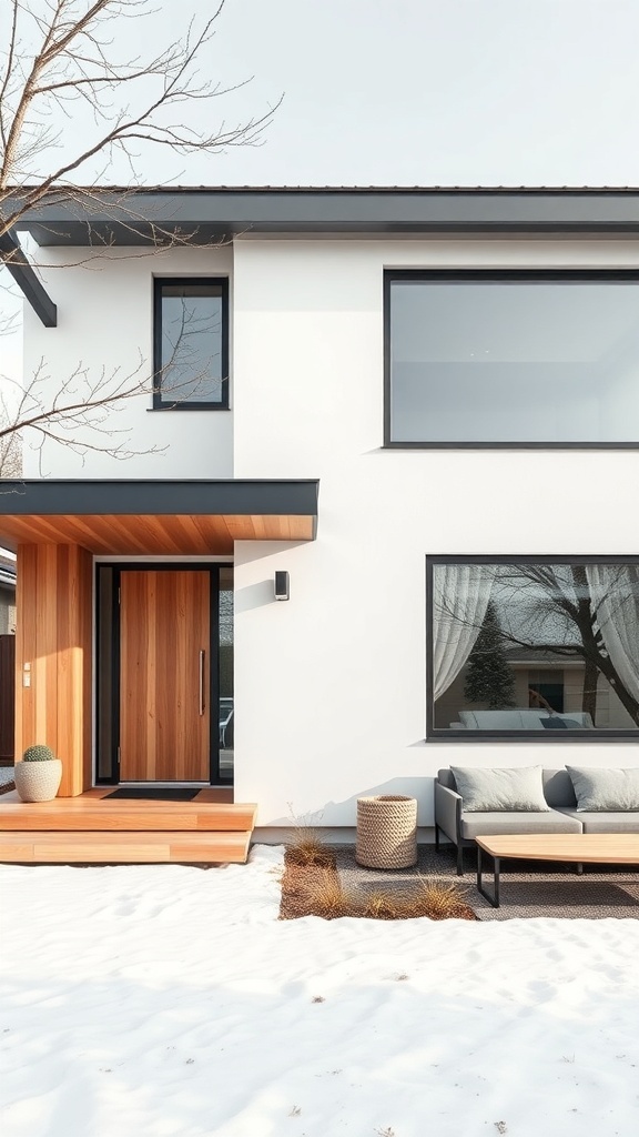 Front view of a modern Scandinavian house with wooden elements and large windows