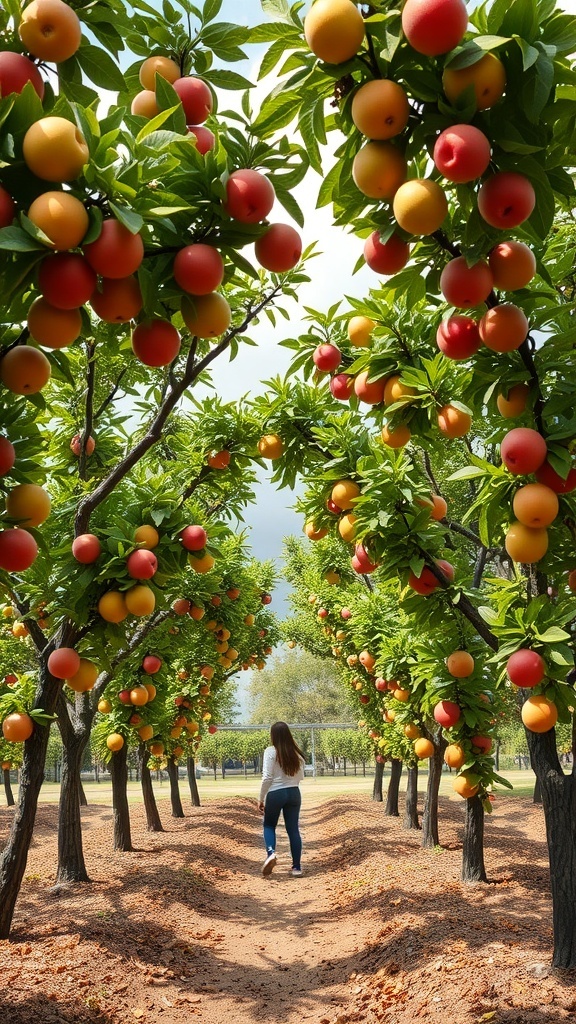 A person walking through a fruit tree maze with colorful fruits hanging from the branches.