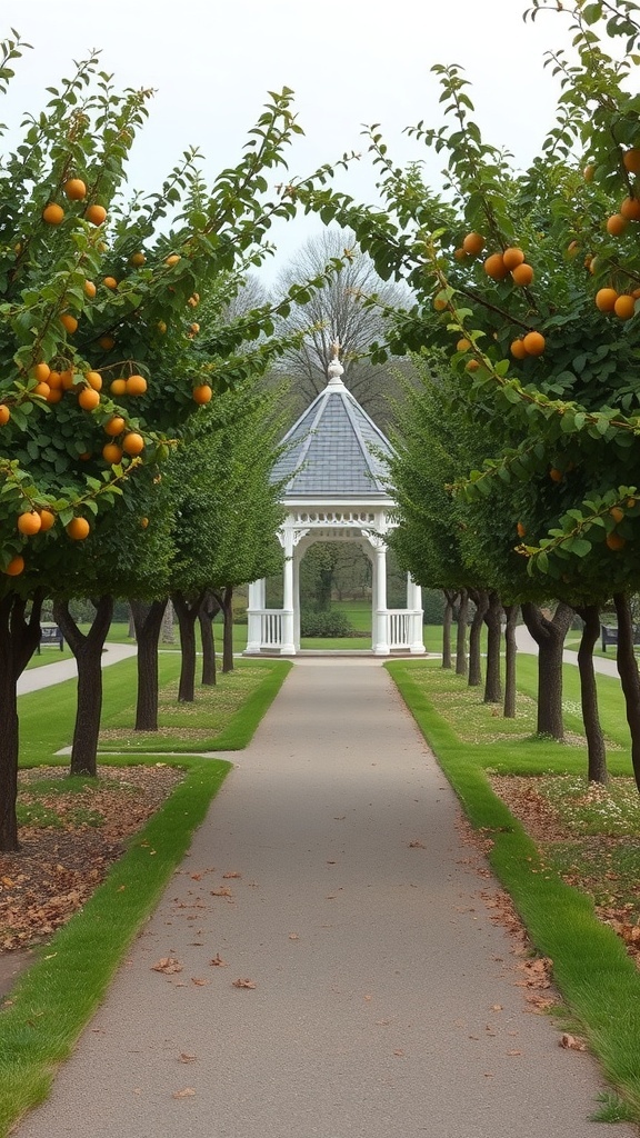 Pathway lined with fruit trees leading to a gazebo