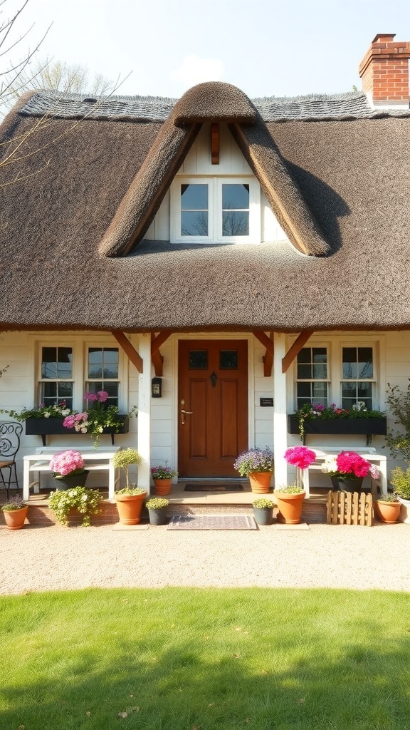 Charming cottage with a thatched roof, wooden door, and flower boxes