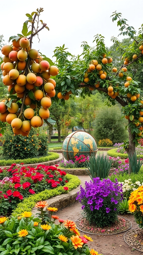 A garden featuring fruit trees laden with oranges and colorful flowers surrounding a globe sculpture.