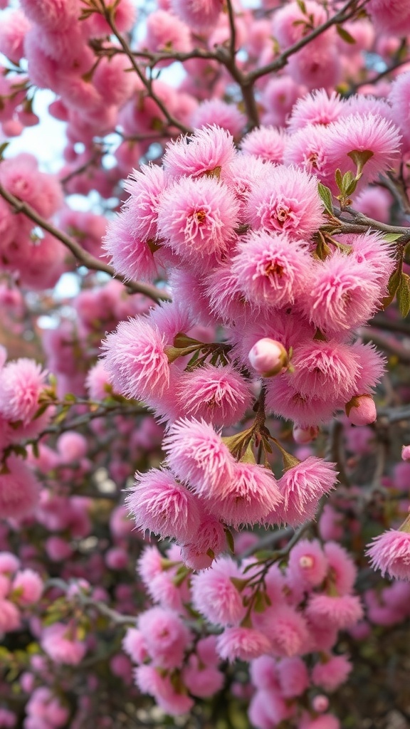 Close-up of fluffy pink mimosa flowers on a tree branch.