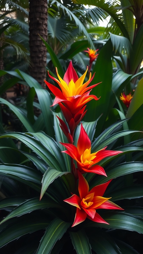A vibrant bromeliad flower with red and yellow petals surrounded by green leaves.