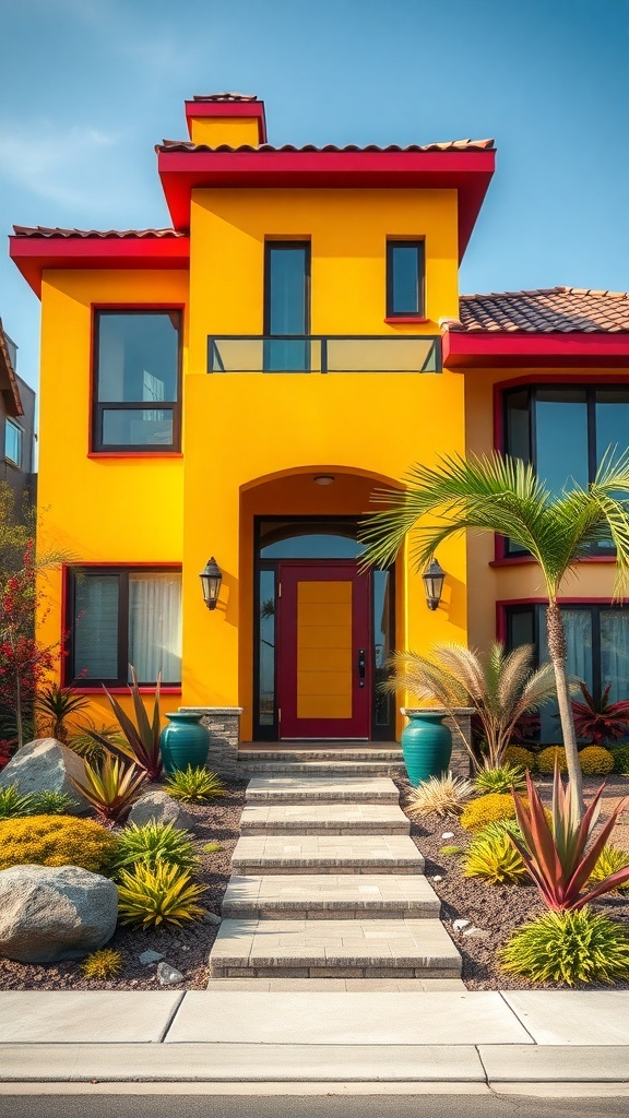 A bold contemporary house with a vibrant yellow exterior and red accents, featuring large windows and stylish landscaping.