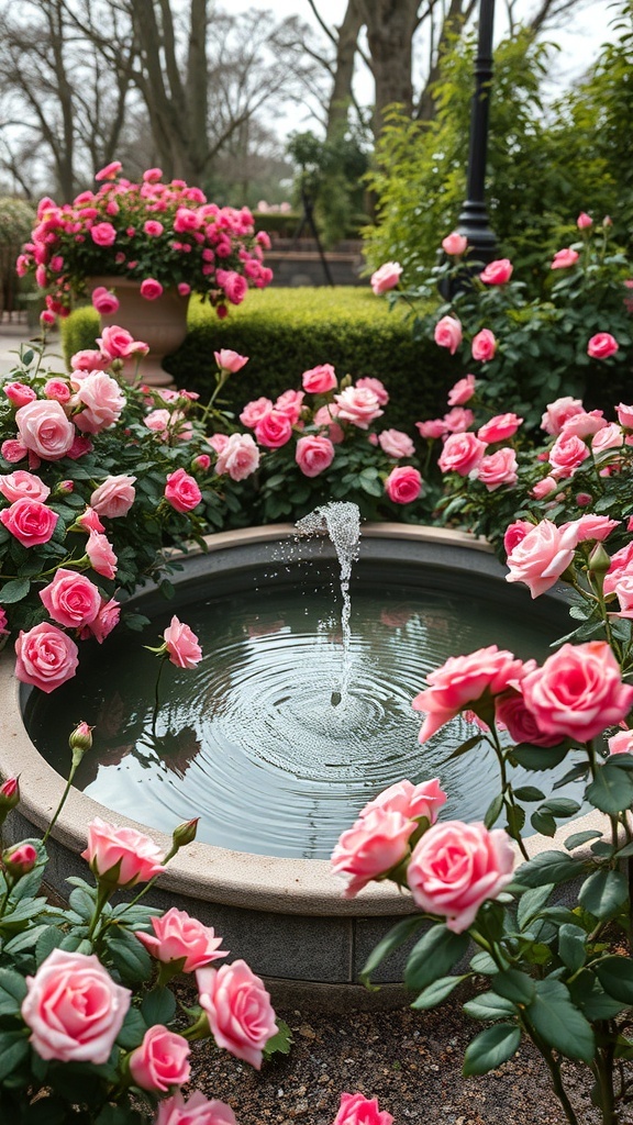 A small fountain surrounded by pink roses in a garden setting.