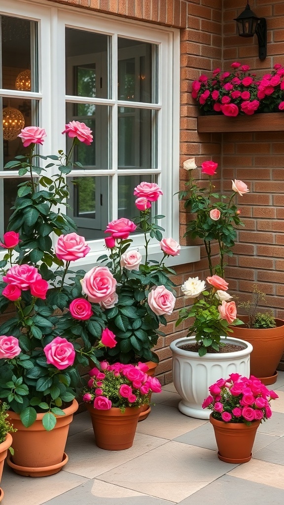 A beautiful rose garden with pink roses and garden furniture, featuring a glass table and chairs.