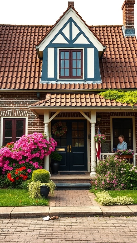 Charming Dutch Colonial home with colorful flowers and a welcoming porch