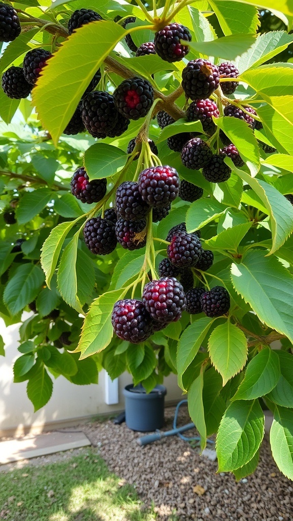 A close-up of ripe mulberries on a tree branch, surrounded by green leaves.