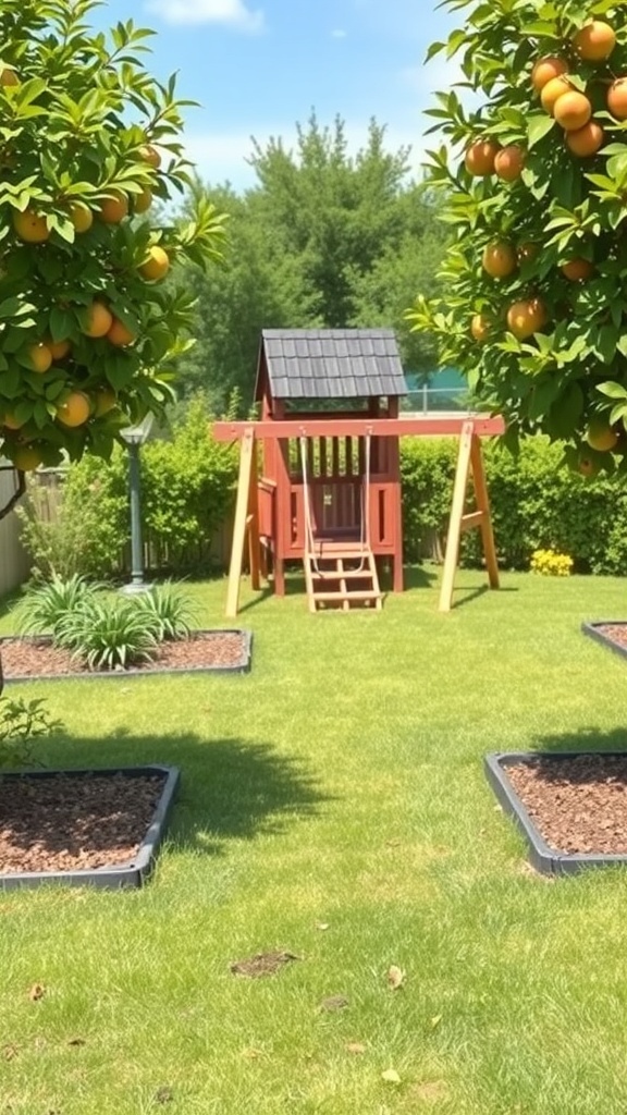 A backyard with fruit trees and a swing set