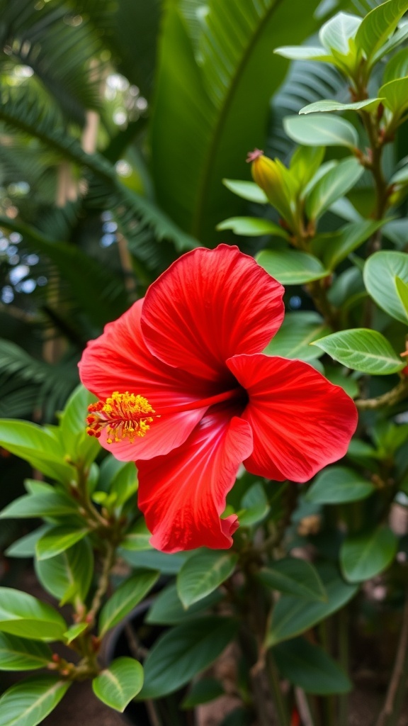 A vibrant red hibiscus flower surrounded by green leaves.