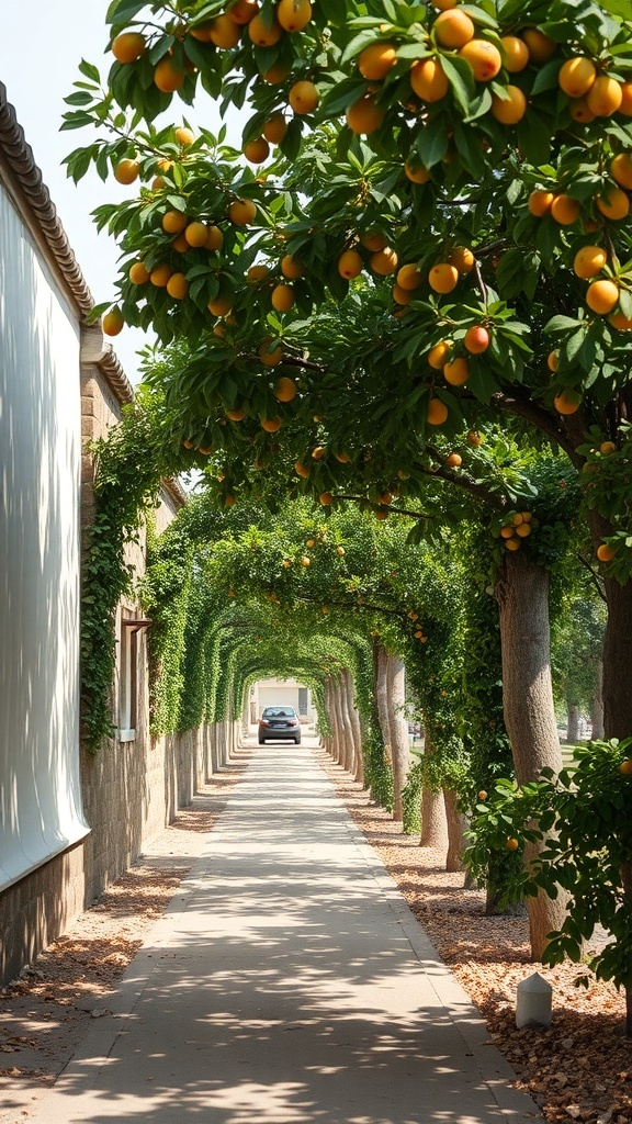 A picturesque alley lined with fruit trees heavy with oranges, creating a natural canopy over a pathway.