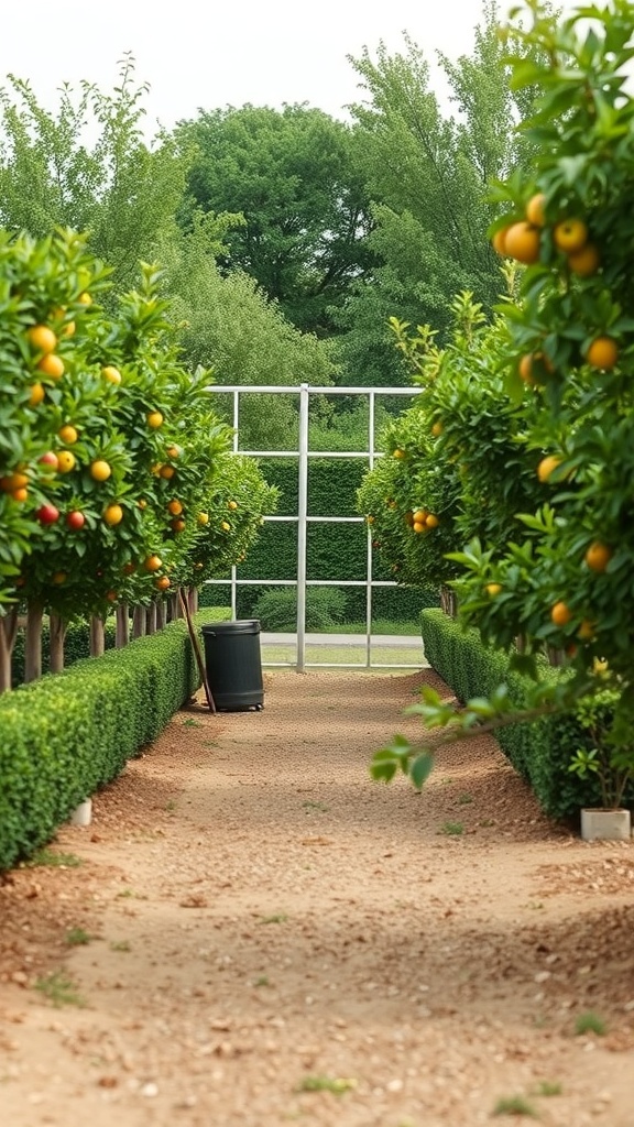 A pathway lined with fruit trees and hedge borders, showcasing a neat and inviting fruit tree garden layout.