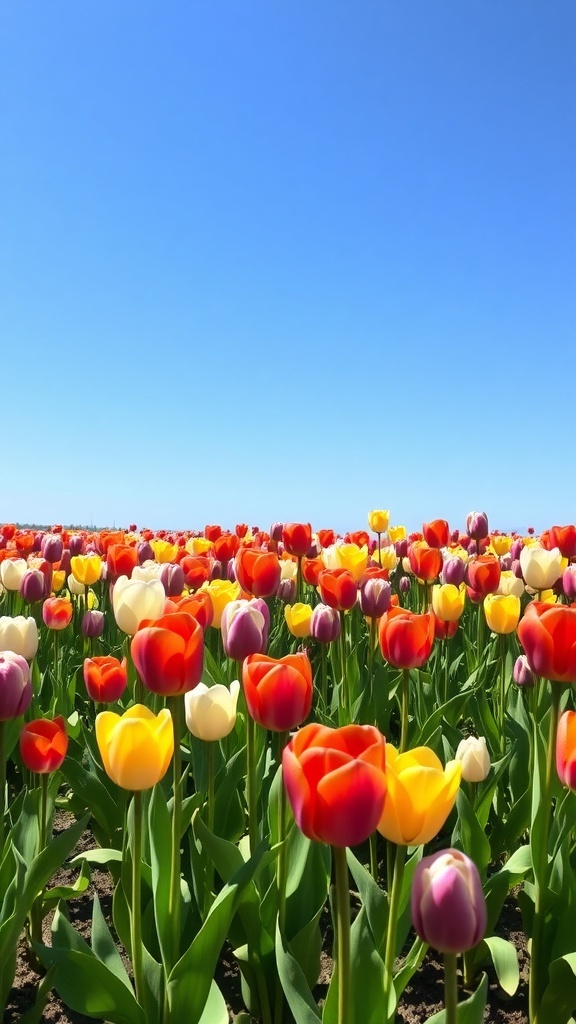 A vibrant field of tulips in various colors under a clear blue sky.