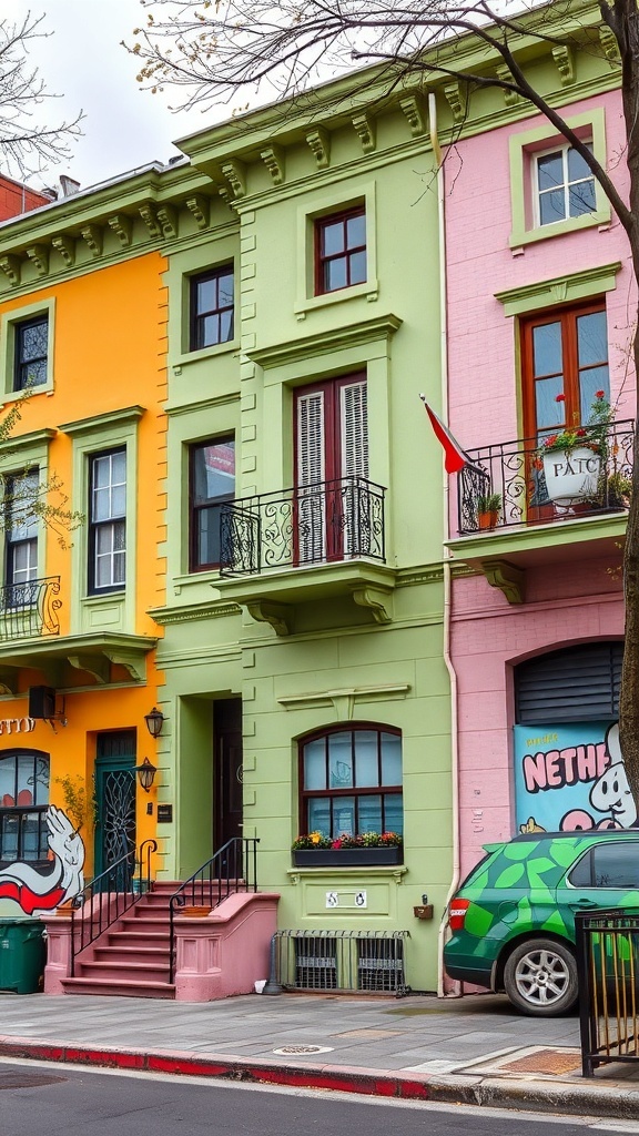 Colorful row houses in urban setting with yellow, green, and pink facades