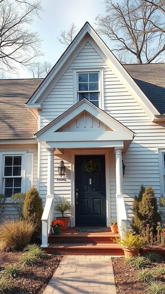 Front view of a traditional New England style home with a dark door, white columns, and well-kept landscaping.