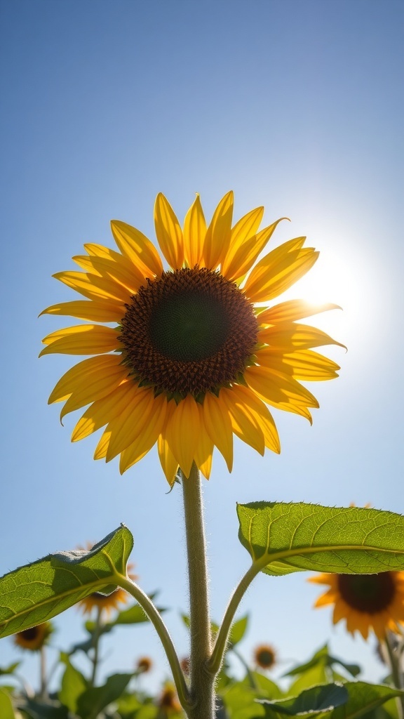 A close-up of a sunflower with bright yellow petals and a clear blue sky in the background.