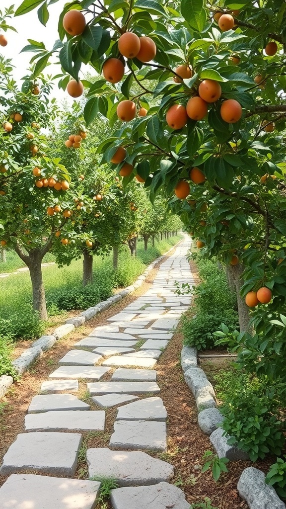 A stone pathway lined with fruit trees, showcasing ripe fruit and lush greenery.