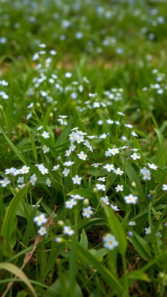 A field of forget-me-nots with small blue flowers and green grass.