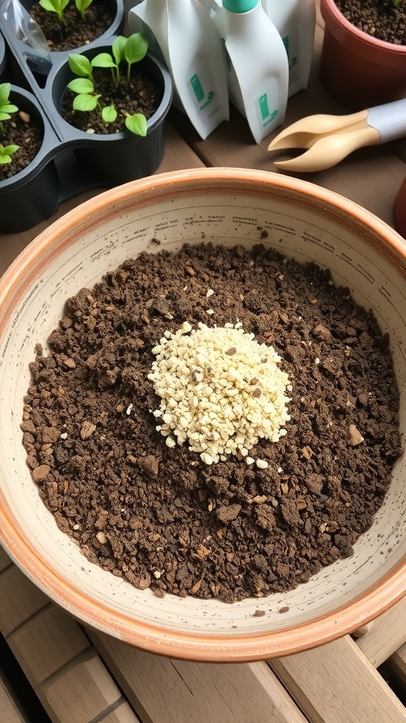 A bowl of seed starting mix for tomatoes, surrounded by gardening tools and small plants.
