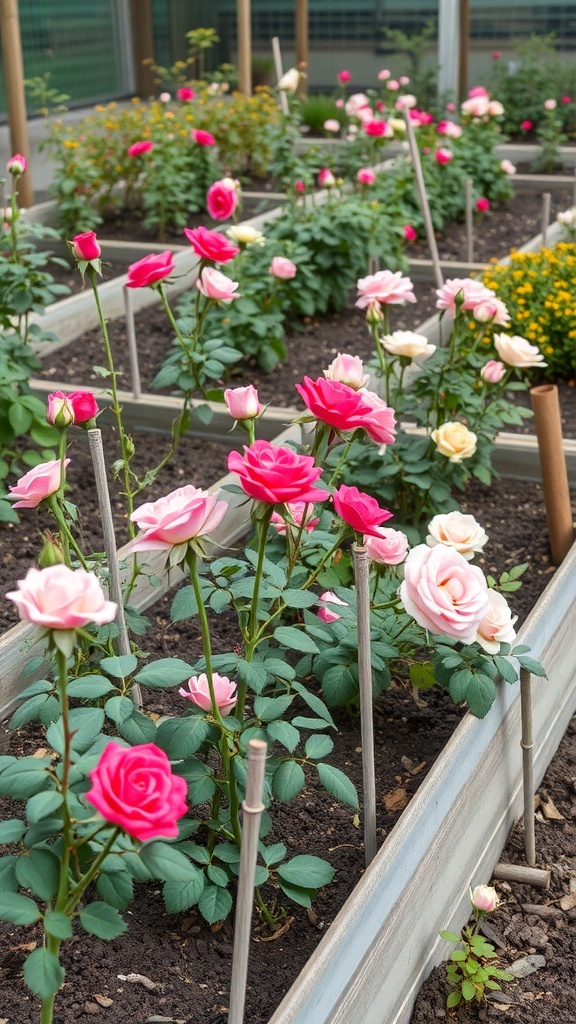 A vibrant rose garden with pink and white roses in raised beds.