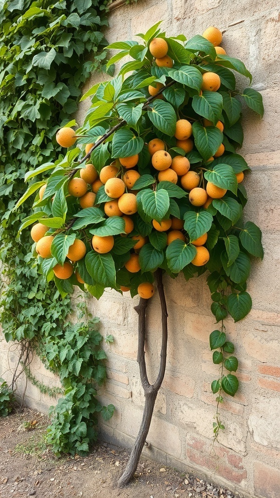 Espaliered fruit tree with orange fruits against a stone wall