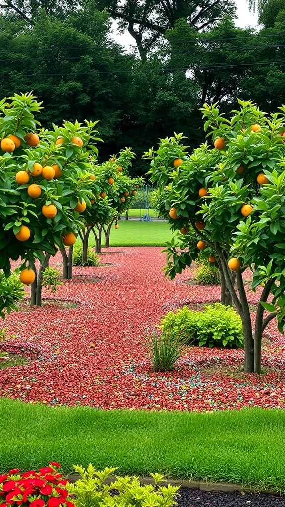 Fruit tree garden with orange trees and colorful red mulch