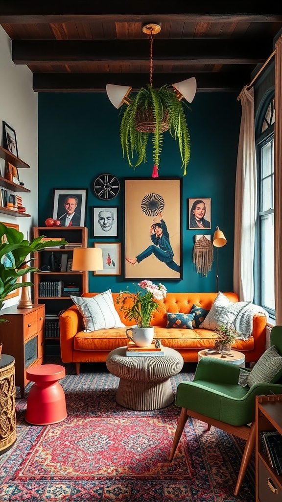 A vibrant living room featuring an orange sofa, teal walls, and eclectic decor.