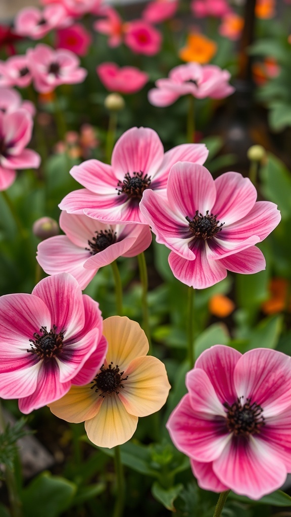 A close-up of pink and yellow anemones in a garden.