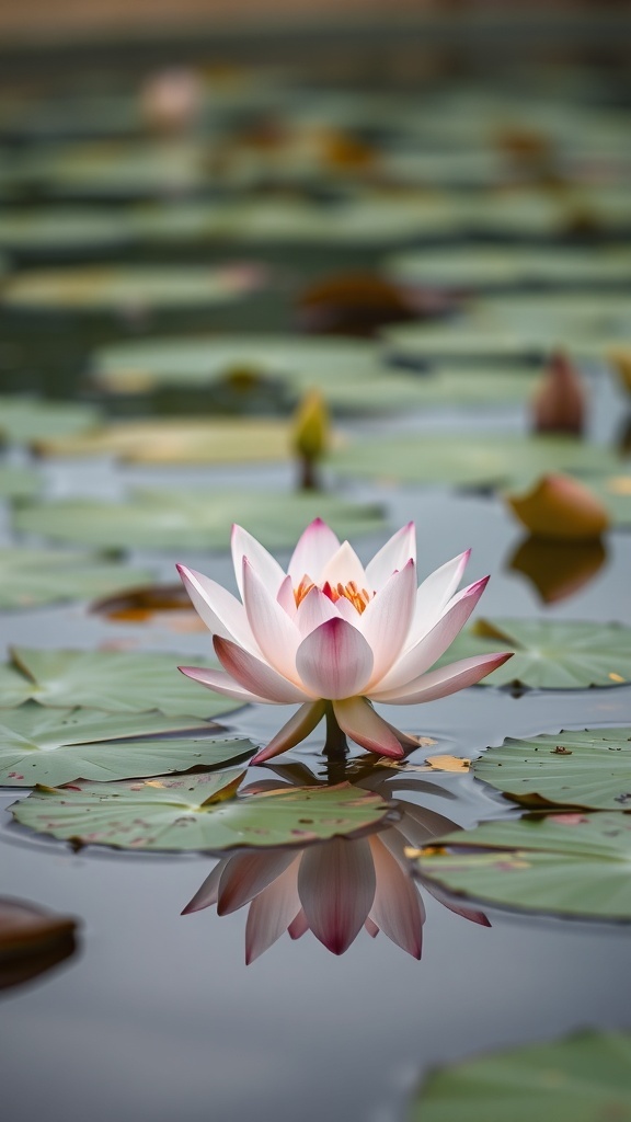 A beautiful pink and white lotus flower floating on water, surrounded by green leaves.