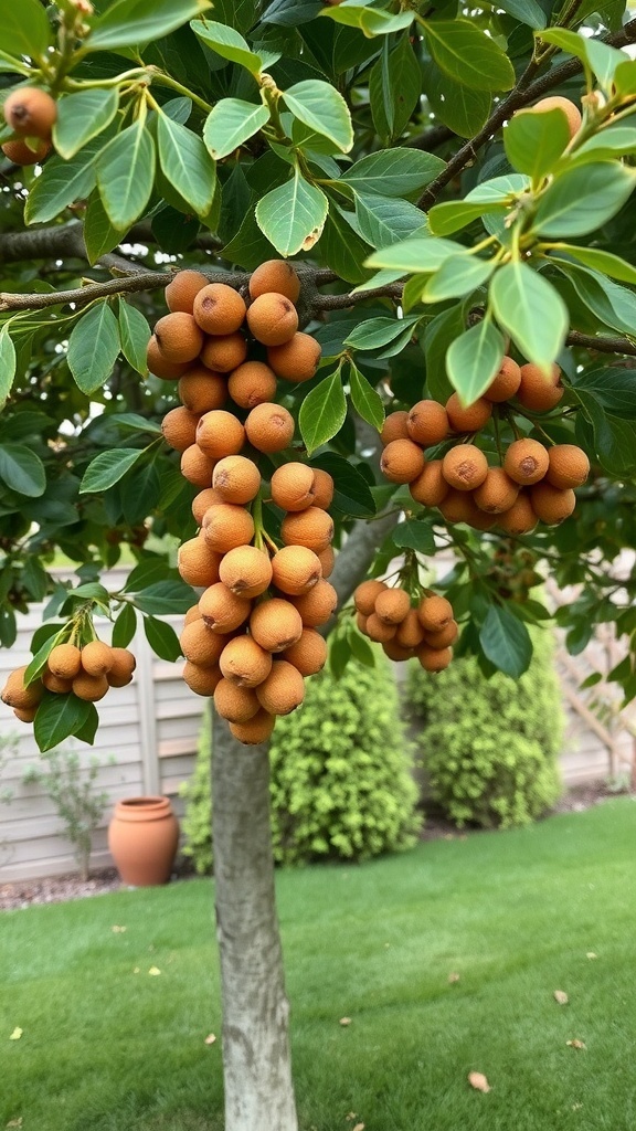 A hazelnut tree with clusters of nuts hanging from its branches, surrounded by green leaves.