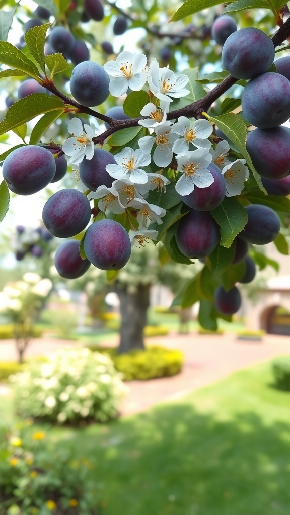 Plum tree branches with white blossoms and ripe plums in a garden setting