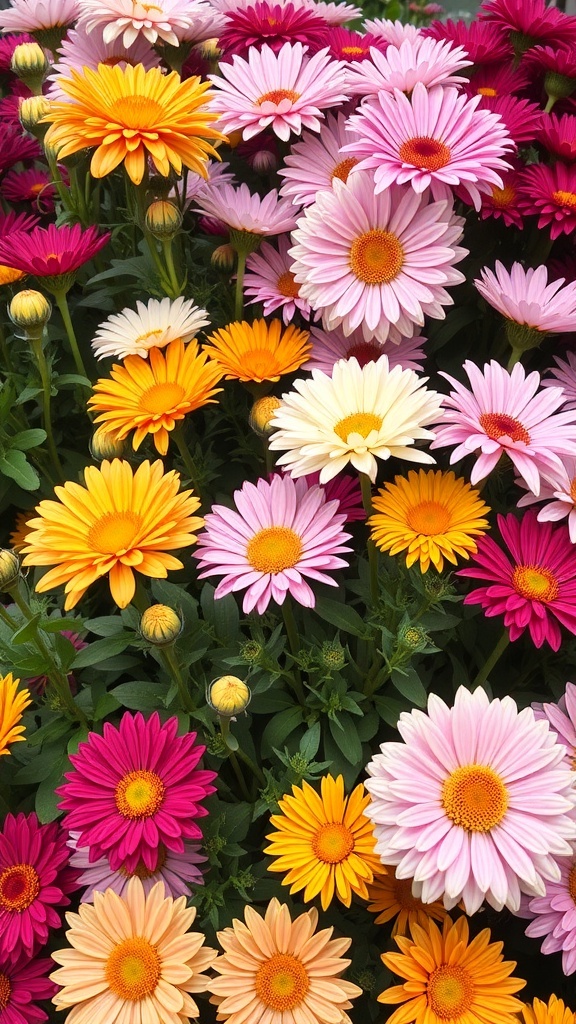 A vibrant display of colorful chrysanthemums in shades of pink, yellow, and orange.