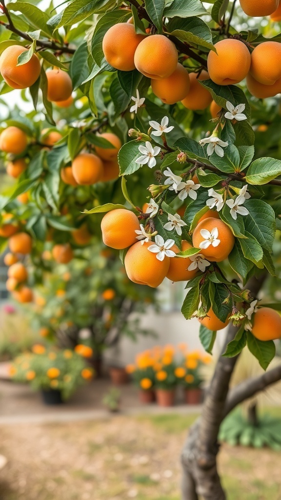 Apricot tree with ripe fruits and white blossoms in a backyard setting