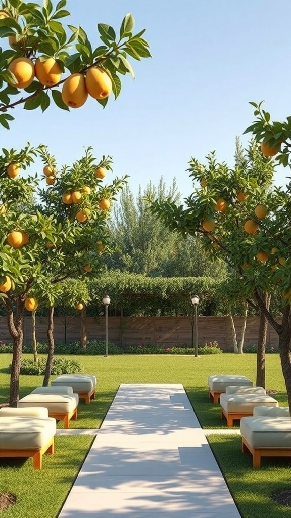 A fruit tree garden with orange trees and a meditation area featuring white seating and a pathway.
