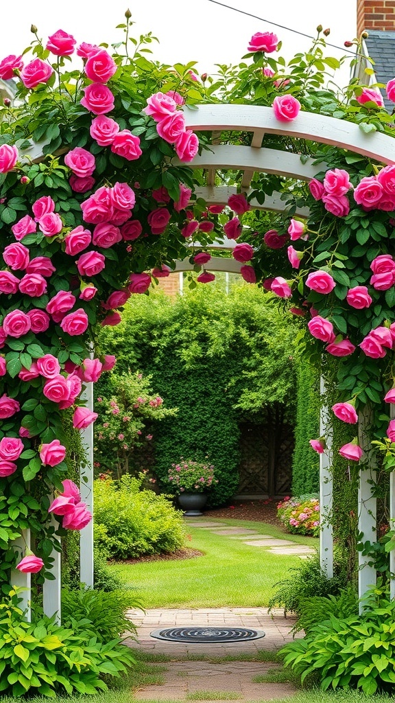 A beautiful arbor covered in pink roses, leading into a lush garden.
