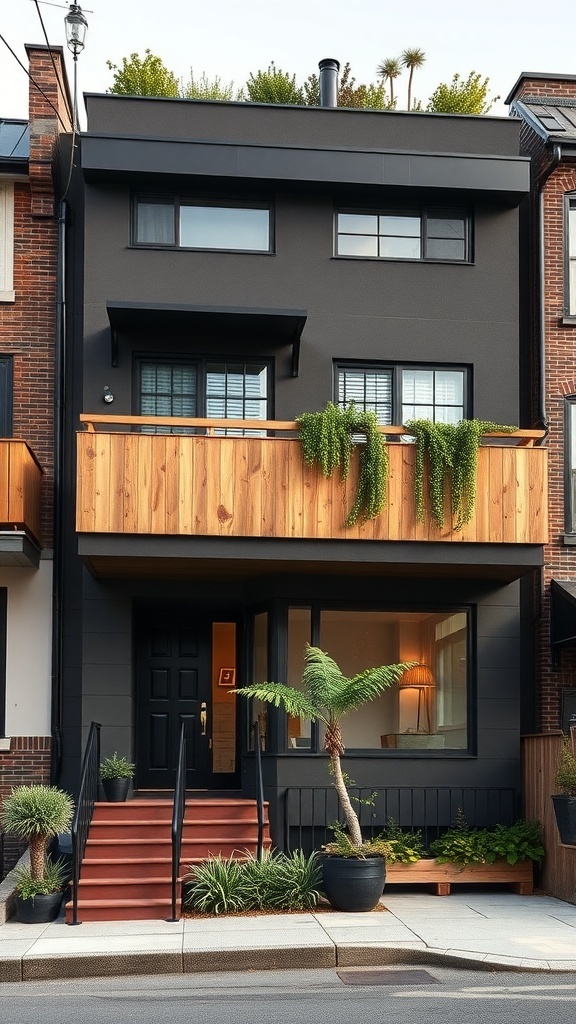 A contemporary urban home with a black exterior, wooden balcony, and lush greenery.
