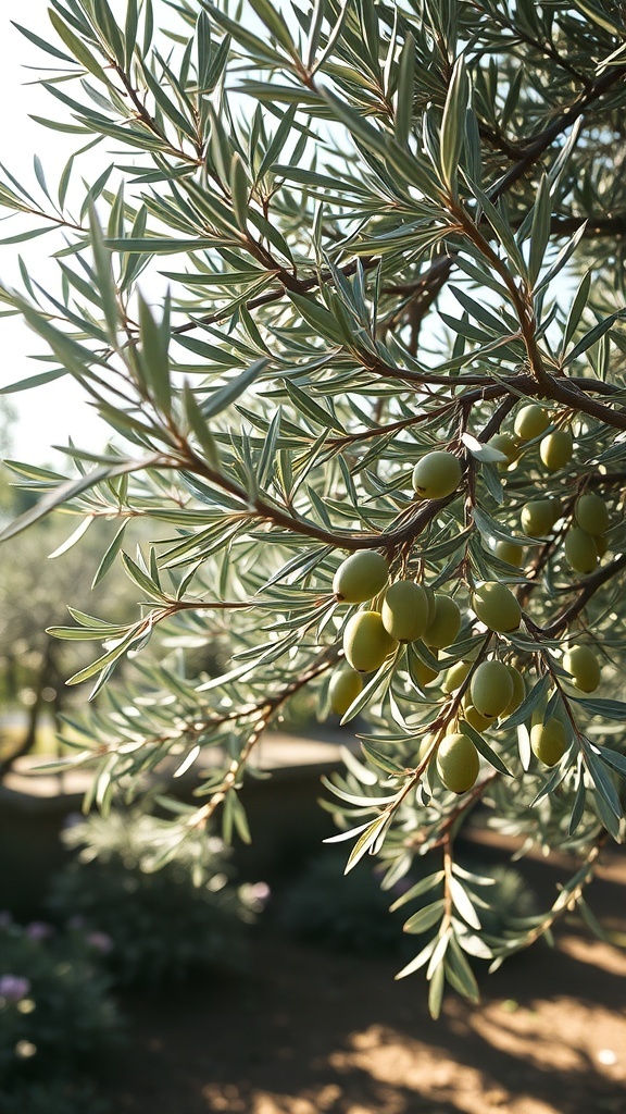 Close-up of an olive tree branch with green olives